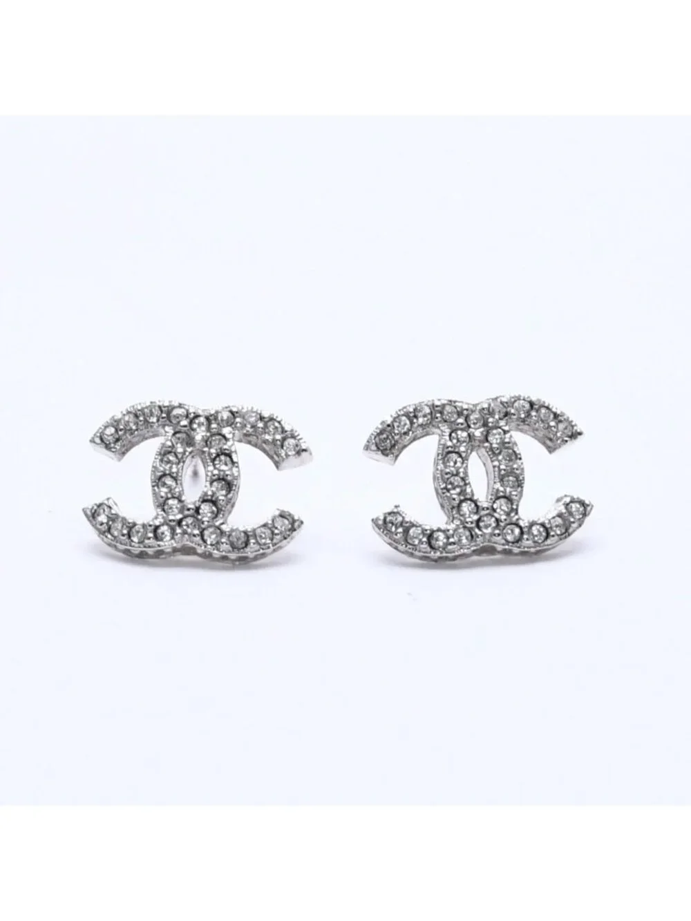 Chanel CC Logo Earrings 15 Rhinestone Metal Silver Clear